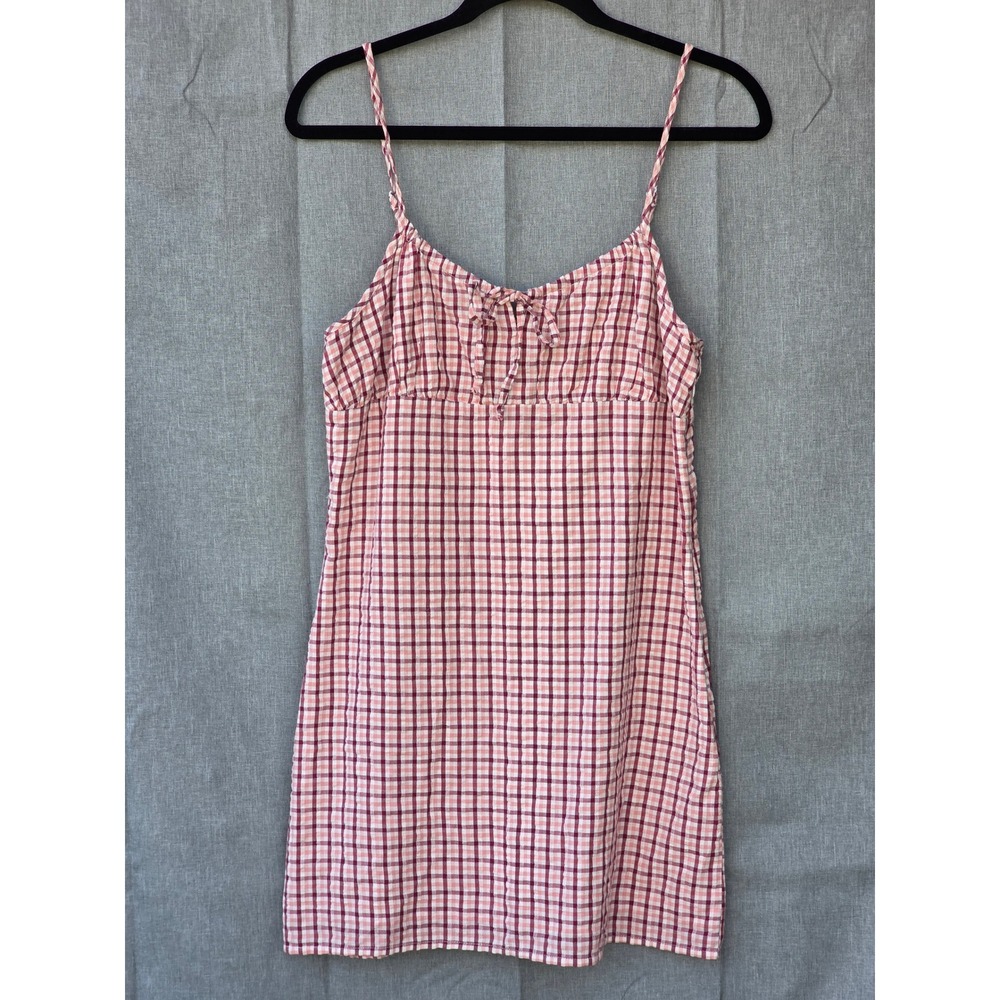 Sky & Sparrow Pink Gingham Cotton Mini Dress Medium Adjustable Straps Tie Front
